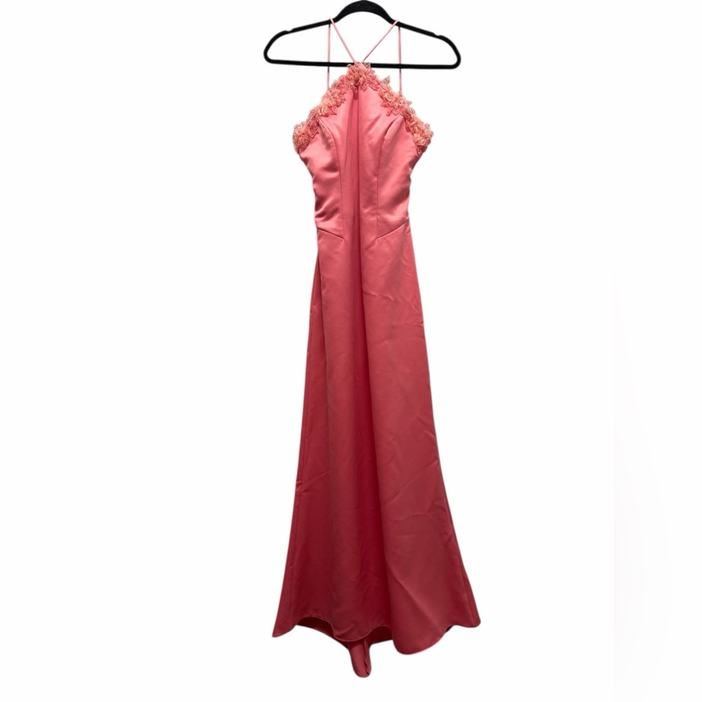 VTG 90s Y2K Dollar USA Coral Pink Satin Gown 3D Floral Beaded Halter Dress XS